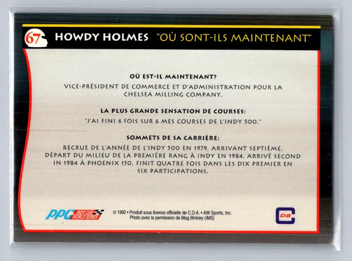 1992 All World Indy #67 Howdy Holmes (French) - Racing Card Single