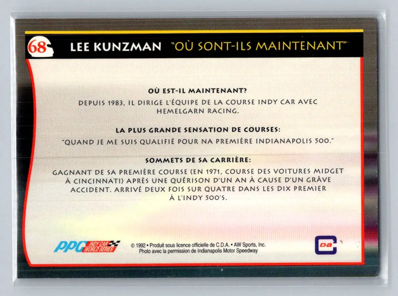1992 All World Indy #68 Lee Kunzman - Racing Card Single
