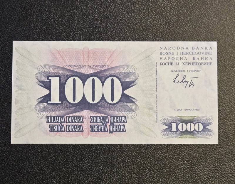 1992 Bosnia 1000 Dinara Banknote UNC - Mostar Old Bridge Stari Most - P-15 Note - Coins & Currency