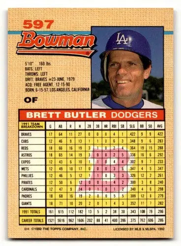 1992 Bowman #597 Brett Butler Los Angeles Dodgers Baseball Cards EX/ ID:59584 - Baseball Card Single