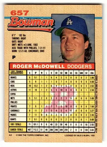 1992 Bowman #657 Roger McDowell Los Angeles Dodgers Baseball Cards E ID:59476 - Baseball Card Single