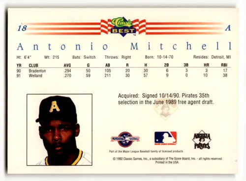 Back of 1992 Classic Best Antonio Mitchell baseball card with statistics and original gloss