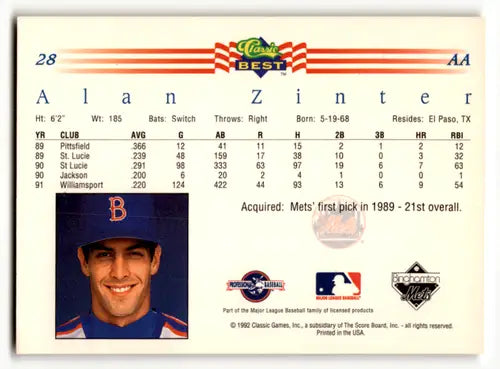 Back of 1992 Classic Best Alan Zinter baseball card with career stats and headshot