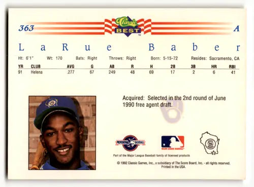 Original gloss baseball trading card featuring LaRue Baber from 1992 Classic Best