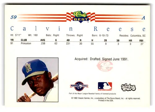 Original gloss 1992 Classic Best Calvin Reese baseball card NM-MT ID 72901