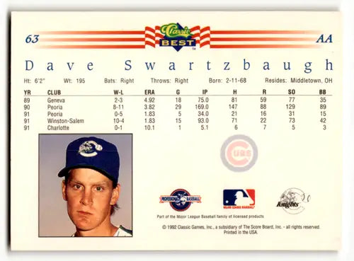 1992 Classic Best #63 Dave Swartzbaugh NM Near Mint ID:53087 - Baseball Card Single