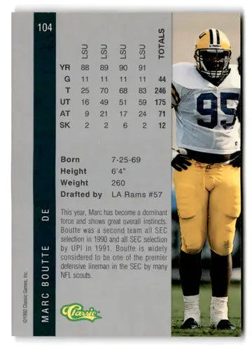 Original gloss Football trading card from 1992 Classic Four Sport series featuring Marc Boutte