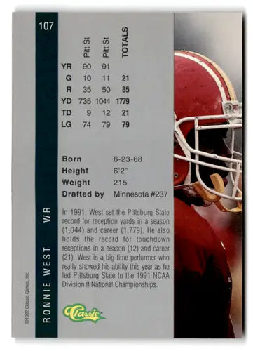 Original gloss Ronnie West football card from Classic Four Sport 1992 Vikings collection