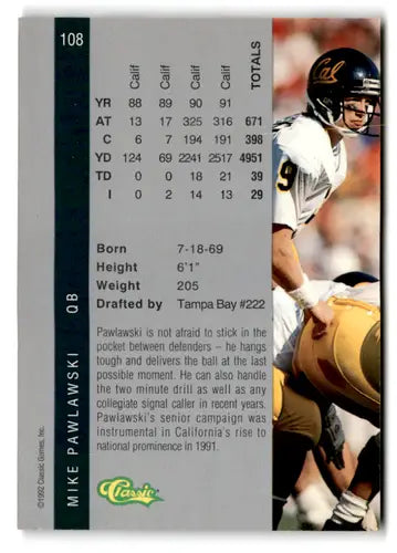 Original gloss 1992 Classic Four Sport Mike Pawlawski football trading card near mint