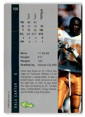Original gloss football trading card from 1992 Classic Four Sport series featuring Dale Carter