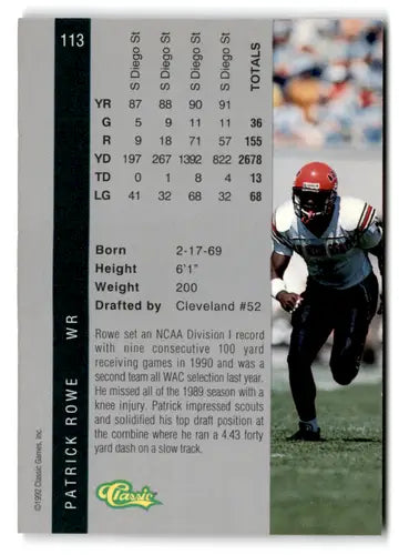 Original gloss Football trading card from 1992 Classic Four Sport featuring Patrick Rowe