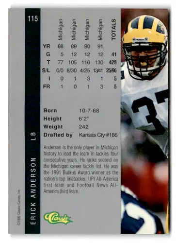 Original gloss 1992 Classic Four Sport Erick Anderson Chiefs football card near mint