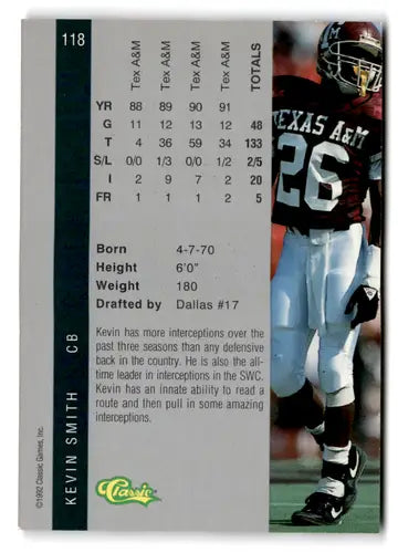 Original gloss Kevin Smith football card from 1992 Classic Four Sport series