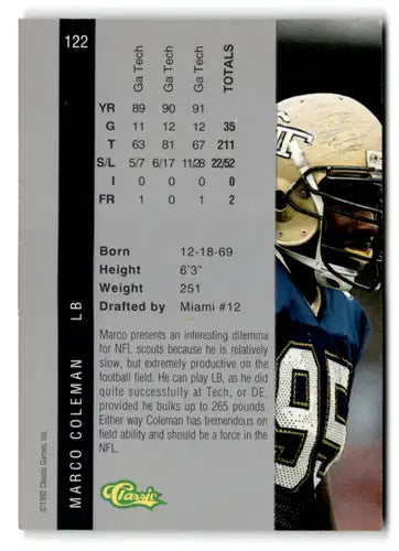 1992 Classic Four Sport Marco Coleman football card Dolphins near mint condition