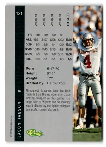 1992 Classic Four Sport Jason Hanson football card in near mint condition