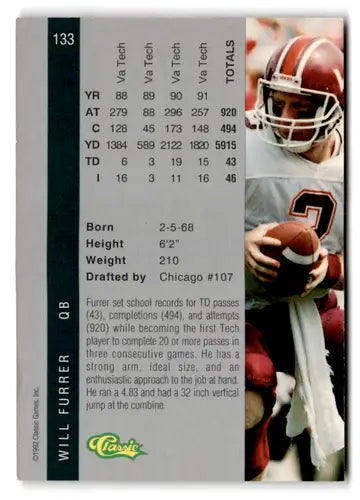 Will Furrer football card from 1992 Classic Four Sport NM Near Mint collection