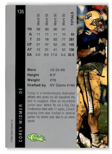 Football trading card from 1992 Classic Four Sport series featuring Corey Widmer NM near mint