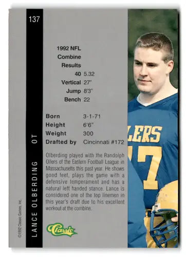 Lance Olberding football card from 1992 Classic Four Sport collection in near mint condition