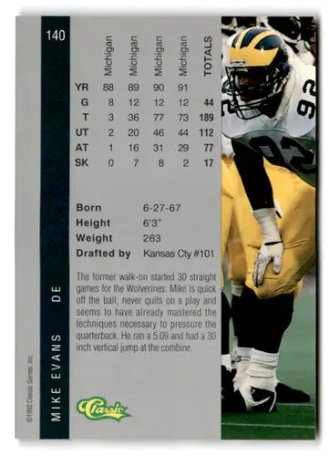 Mike Evans football card from 1992 Classic Four Sport collection in near mint condition