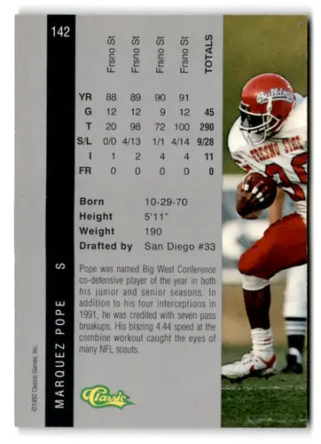 Original gloss Football card from 1992 Classic Four Sport series featuring Marquez Pope