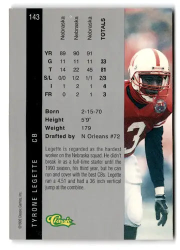 Original gloss Tyrone Legette football card from 1992 Classic Four Sport collection