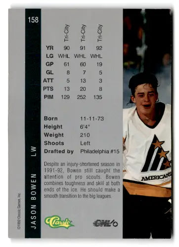 Hockey card back from 1992 Classic Four Sport with original gloss and detailed info