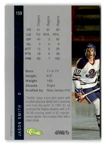 Hockey card back from 1992 Classic Four Sport Jason Smith near mint condition