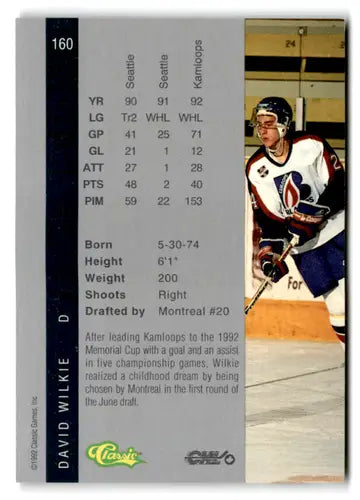 Hockey player trading card from 1992 Classic Four Sport series featuring David Wilkie