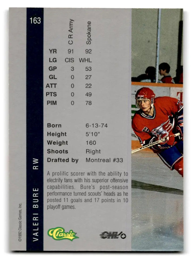 1992 Classic Four Sport #163 Valeri Bure - Hockey Card Single