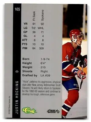 Hockey card of Justin Hocking from Classic Four Sport set 1992 Classic Four