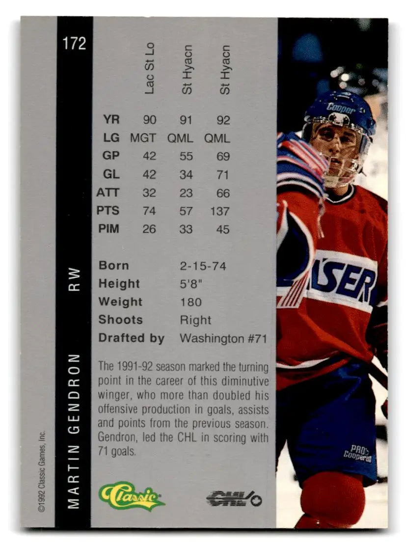 1992 Classic Four Sport #172 Martin Gendron - Hockey Card Single
