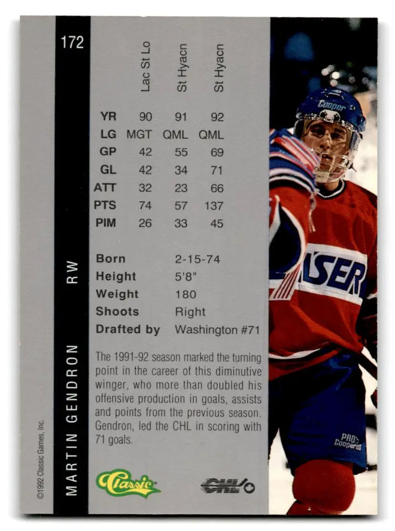 1992 Classic Four Sport #172 Martin Gendron - Hockey Card Single