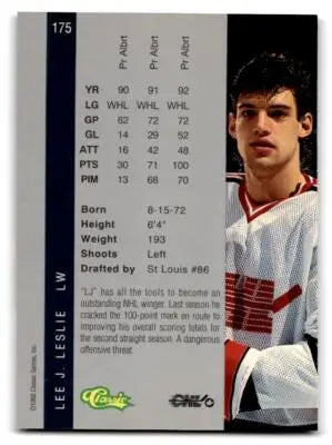 Hockey trading card from 1992 Classic Four Sport series featuring Lee J Leslie