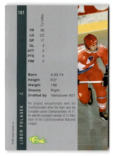 Hockey trading card from 1992 Classic Four Sport series featuring Libor Polasek