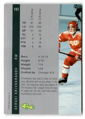 Hockey card from Classic Four Sport series featuring Sergei Krivokrasov in near mint condition