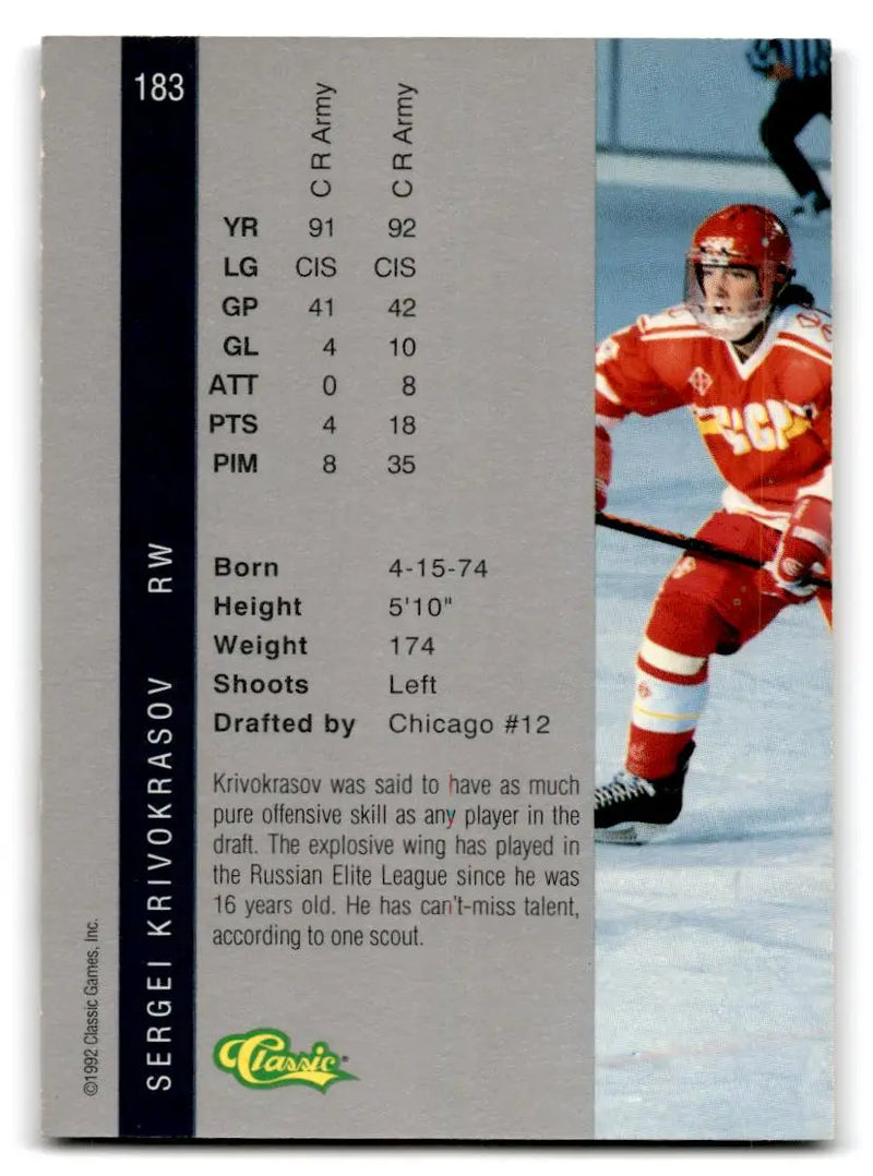1992 Classic Four Sport #183 Sergei Krivokrasov - Hockey Card Single