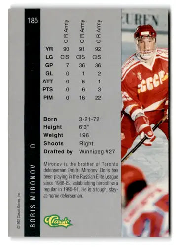 Hockey card with player stats from 1992 Classic Four Sport Boris Mironov NM Near Mint
