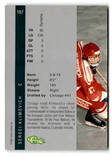 Hockey card from 1992 Classic Four Sport series featuring Sergei Klimovich with original gloss