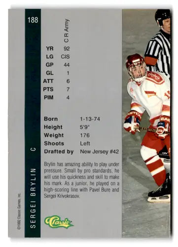 Sergei Brylin hockey card from 1992 Classic Four Sport collection in Near Mint condition