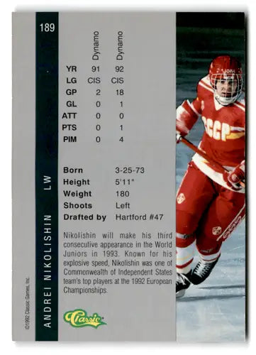 Hockey trading card from 1992 Classic Four Sport series featuring Andrei Nikolishin