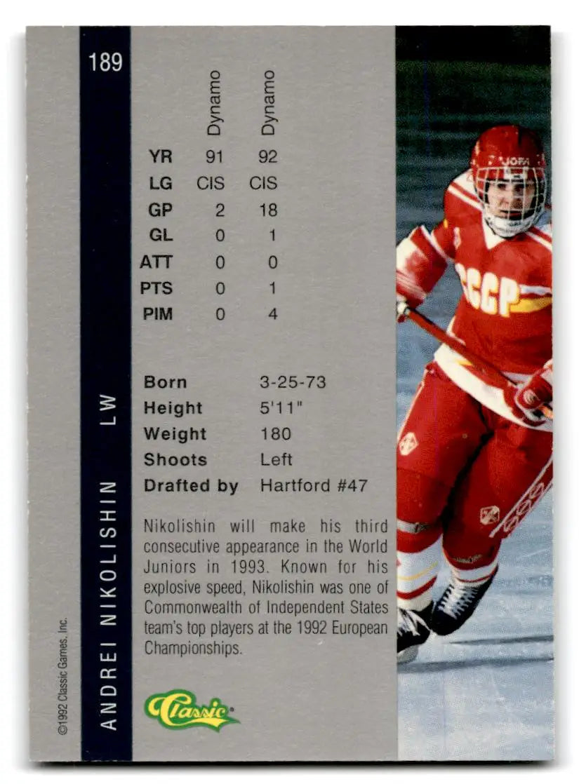 1992 Classic Four Sport #189 Andrei Nikolishin - Hockey Card Single