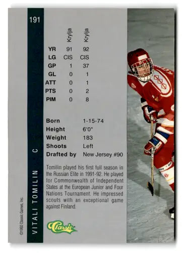 Hockey card back with original gloss from 1992 Classic Four Sport Vitali Tomilin NM