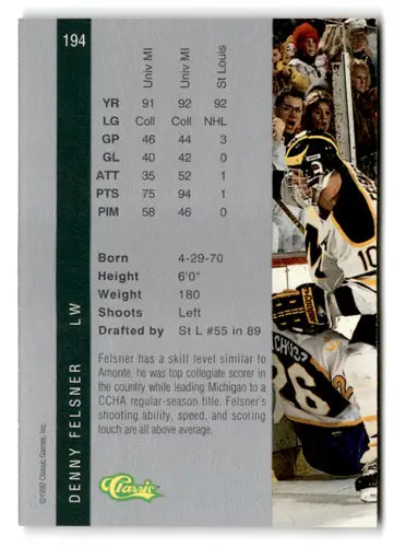 Hockey card from 1992 Classic Four Sport featuring Denny Felsner in near mint condition