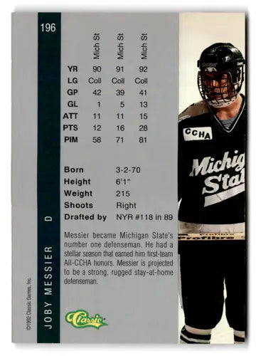 Hockey card from 1992 Classic Four Sport featuring Joby Messier in Near Mint condition