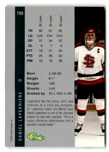 Hockey card from 1992 Classic Four Sport featuring Daniel Laperriere in near mint condition