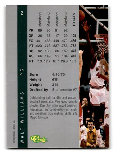 Walt Williams basketball card from 1992 Classic Four Sport set in EX/NM condition