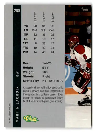 Hockey card with player stats from 1992 Classic Four Sport collection featuring Martin LaCroix