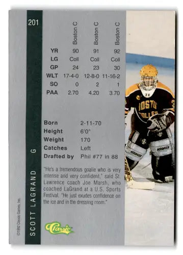 Hockey card back from 1992 Classic Four Sport series featuring Scott LaGrand Flyers