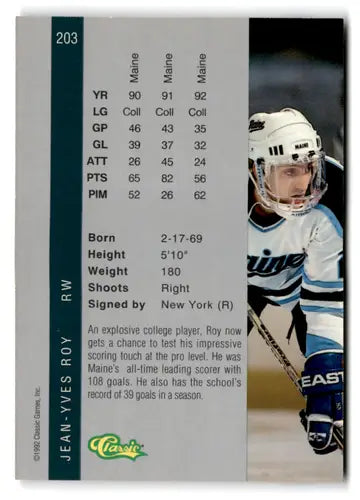Hockey card back with original gloss from 1992 Classic Four Sport Jean-Yves Roy NM Near Mint NY Rangers