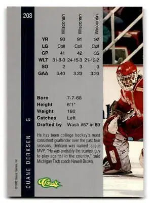 Duane Derksen hockey card from 1992 Classic Four Sport #208 collectible series